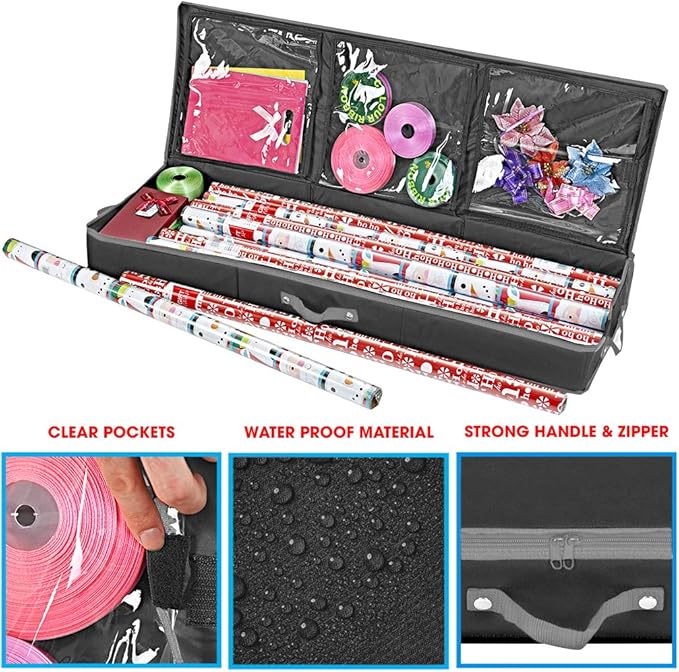Primode Wrapping Paper Storage Container | Gift Wrap Organizer Under Bed | 41”x14”x6” | Box Holder for 18-24 Rolls Up to 40” | 600D Oxford Material | Pockets for Ribbon, Bows, and Accessories (Black)