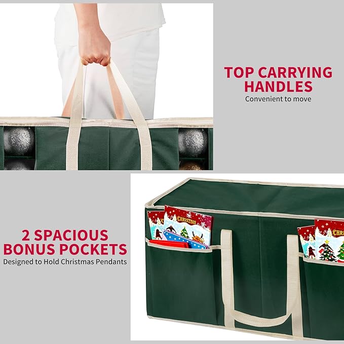 Large Christmas Ornament Storage Box With Adjustable Dividers,Ornament Storage Container with Two Handlesfor 128 Holiday Decorations,Green
