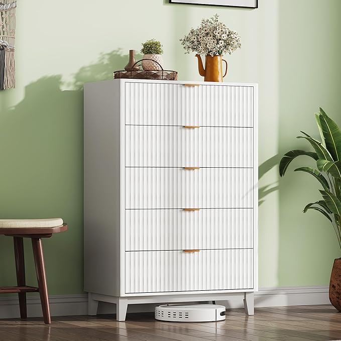 WLIVE Fluted Dresser for Bedroom with 5 Drawers, 46.26" Tall Wooden Dresser with Golden Metal Handles, Mid Century Modern Chest of Drawers for Living Room, Hallway, Closet, Solid White