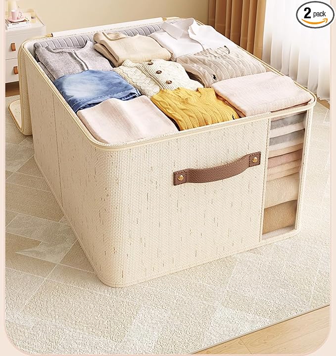2 Pack Large Fabric Storage Baskets for Shelves, Basket Organizers and storage Bins with Handles for Home Organizing, Beige Decorative Collapsible Baskets for Clothes, Toys, and Blankets