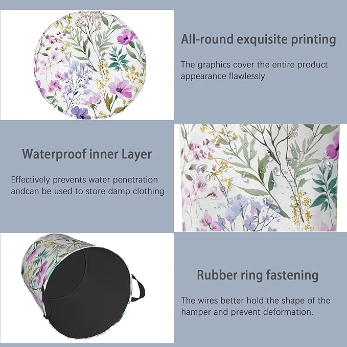 Wildflower Plant Laundry Basket,Botanical Oxford Cloth Laundry Hamper with Handle Foldable Portable Clothes Storage Basket for Bathroom Bedroom Dorm Room 16" x 20.8"