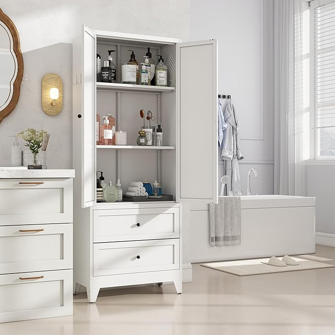 Kitchen Pantry Cabinet, 72" H Storage Cabinet with Doors and Adjustable Shelves, Metal Bathroom Cabinets with Drawers, Utility Cabinets for Kitchen, Living Room, Assembly Required, White