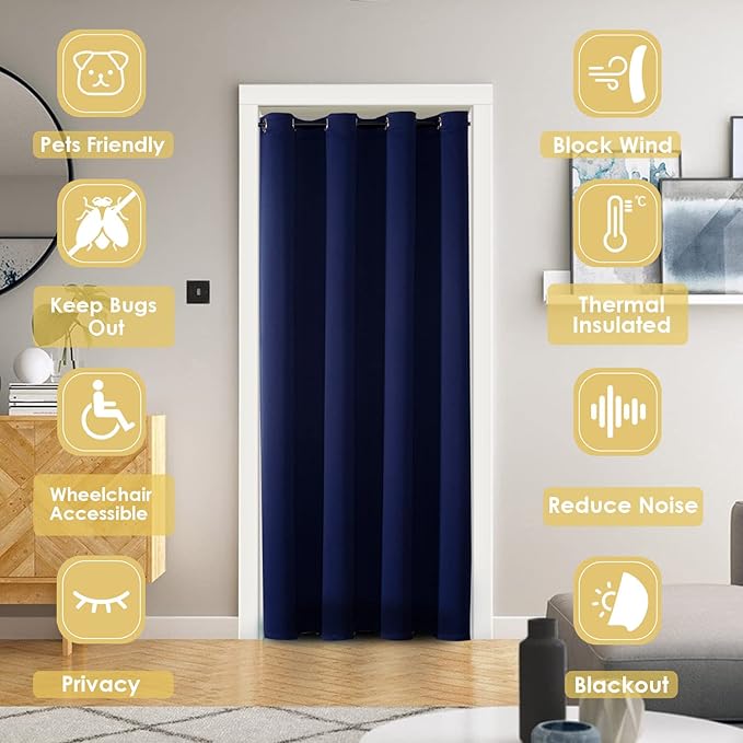 ChrisDowa Blackout Door Curtains for Doorway Privacy, Grommet Closet Curtains for Bedroom Closet Door, Thermal Insulated Doorway Cover Room Divider Drapes (1 Panel, Navy Blue, 34 x 80 Inch)