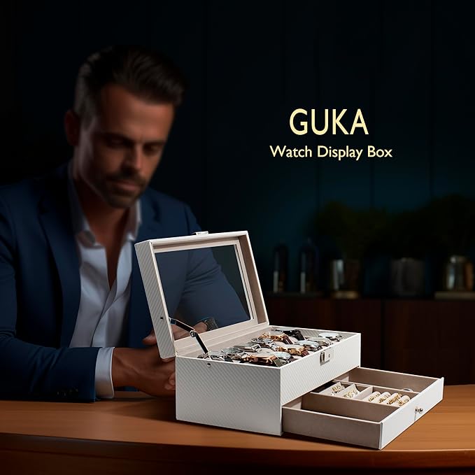 GUKA Watch Box, 12 Slot Watch Case, Watch Cases for men with Real Glass Lid, Synthetic Leather Watch Organizer storage with Jewelry Case, Birthday for Men and Women, White, GK-012-WTC