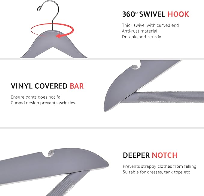 Quality Wooden Hangers - Slightly Curved Hanger Set of 10-Pack - Solid Wood Coat Hangers with Stylish Chrome Hooks - Heavy-Duty Clothes, Jacket, Shirt, Pants, Suit Hangers (Gray, 10)