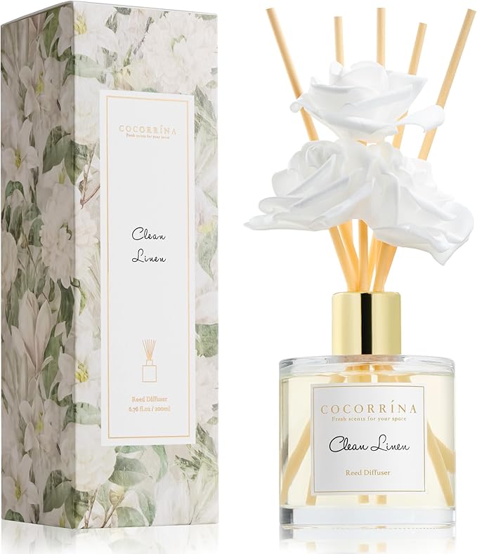 Cocorrína Reed Diffuser Set,6.7oz (200ml) Clean Linen Scented Diffuser with 3 White Rose Foam Flowers & Cotton Sticks, Home Fragrance Reed Diffuser for Bathroom Shelf Decor