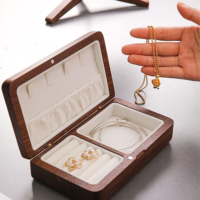 Jewelry Box Ladies Retro Travel Portable Mini Simple Solid Wood Wooden Small Jewelry Organize Storage Display Box (Walnut)