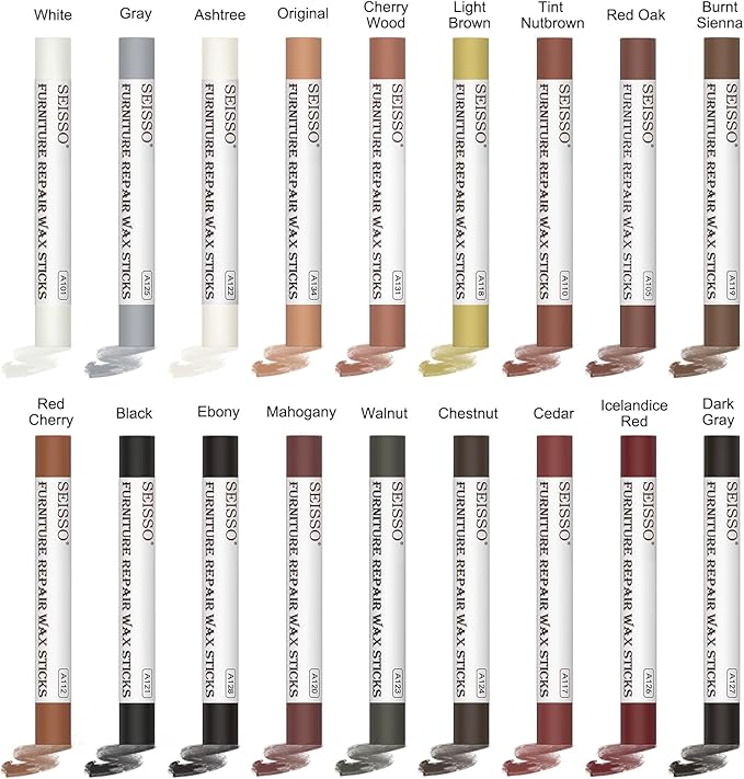 Wood Filler Sticks, 18 Colors Wood Wax Crayons, SEISSO Furniture Repair Scratch Wax Stick Pen kit for Touch Ups Scratches, Scuffs, Cracks, Nail Holes of Hardwood Floors, Cabinets, Tables, Doors