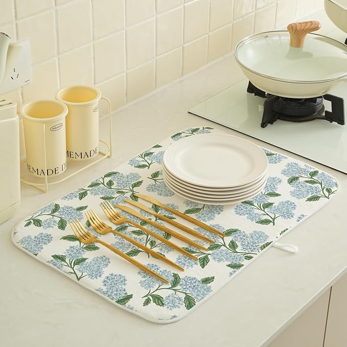 Blue Green Dish Drying Mat 18x24 Inch Vintage Floral Hydrangea Flower Drying Mat Spring Summer Absorbent Dish Drying Pad Dish Rack Drainer Mats for Kitchen Dining Counter