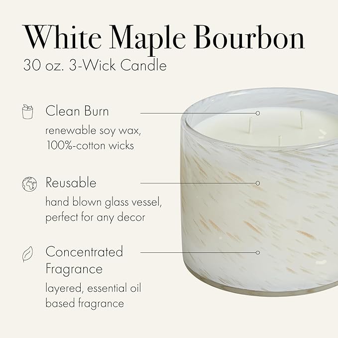 LAFCO New York Holiday 3-Wick Candle, White Maple Bourbon - 30 oz - 120-Hour Burn Time - Reusable, Hand Blown Glass Vessel - Made in The USA