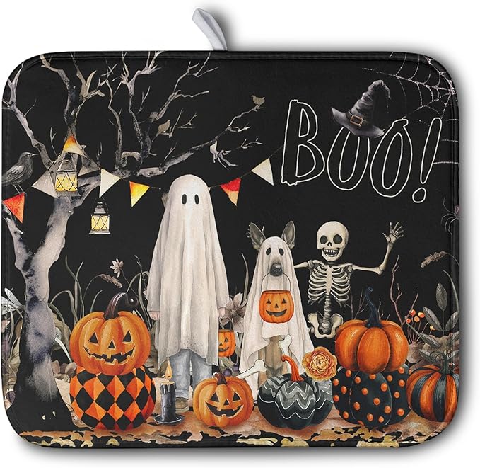 Kwlegh Halloween Dish Drying Mat for Kitchen Counter 16x18 Inch Black Ghost Pumpkins Dog Boo Skull Dishes Drainer Mats Absorbent Microfiber Washable Dish Draining Pad for Sink Coffee Bar