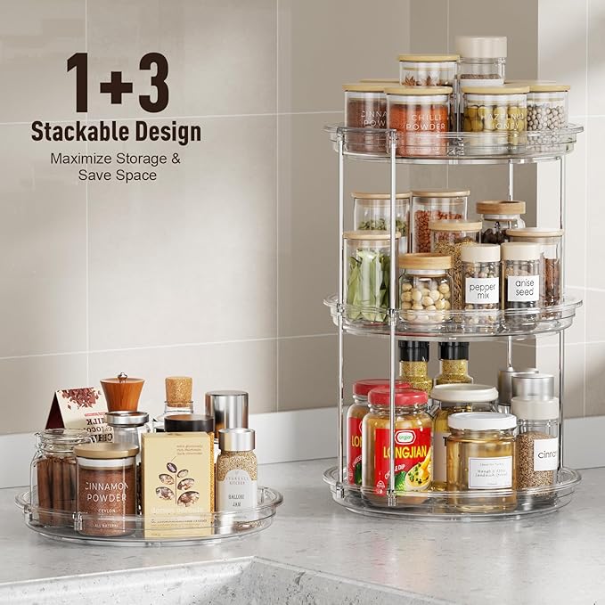 LazySpin 2 Tier Lazy Susan Organizer, 9.25'' Lazy Susan Turntable for Cabinet, Stackable Turntable Organizer Rotating Spice Rack Organization for Kitchen Countertop, Pantry, Bathroom, Clear