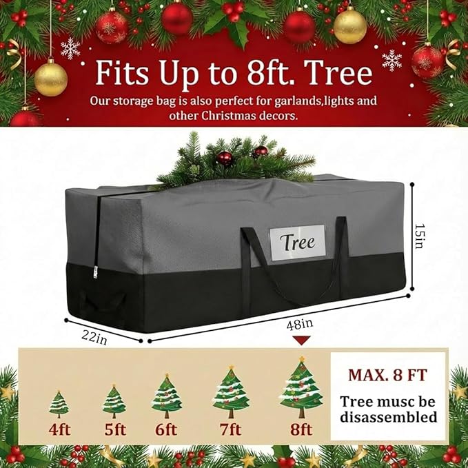 Christmas Tree Storage Bag, Fits Up 8 Ft Tall Artificial Trees-Heavy Duty Holiday Storage Box with Durable Reinforced Handles & Zipper & Transparent Pocket- 600D Oxford Tree Storage Container, Gray