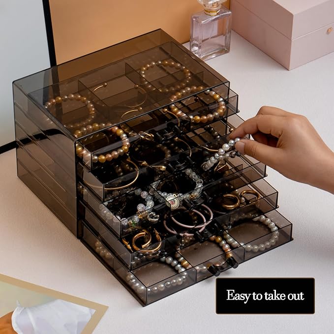 SPAKOWN Earring Organizer, Acrylic Earring Box Large 30 Compartments Jewelry Holder Organizer with 5 Drawers Stackable Earring Bracelet Storage Case Jewelry Boxes for Women (Black)