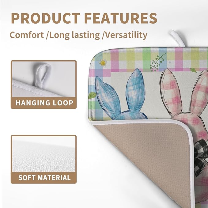 Wnoesat Easter Drying Mat for Kitchen Counter - 16x18 In, Multi-color (Buffalo Plaid), Microfiber & Composite Sponge, Cute Bunny Pattern, Absorbent Dish Drainer Mat