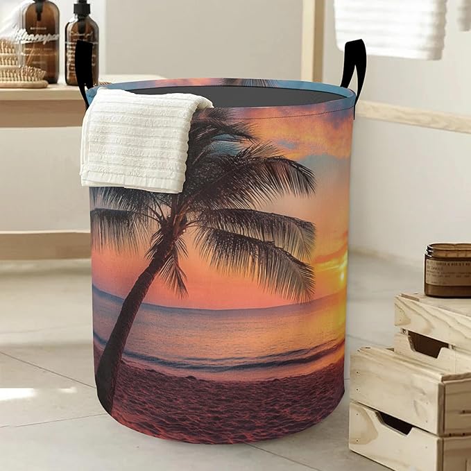Laundry Basket, Sunset Beach Oxford Cloth Laundry Hamper With Handle Foldable Portable Clothes Storage Basket Storage Bag For Laundry Room/Bathroom/Bedroom/Dormitories