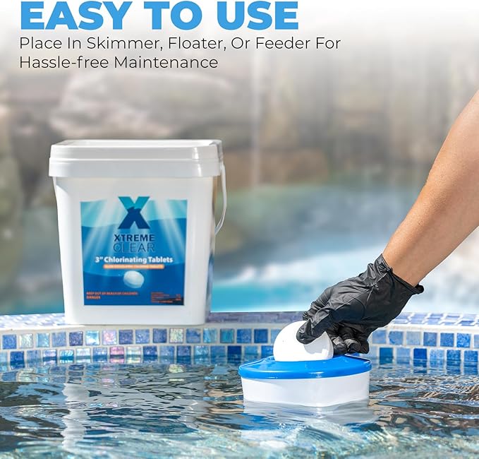 Xtremeclear 3" Chlorine Tablets Bucket, 3-inch Individually Wrapped, 25 lbs Chlorinating Tabs for Swimming Pools, Hot Tubs, Spa Slow Dissolving 25 Pound Bucket
