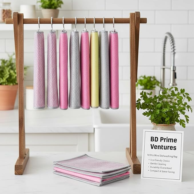 BD Prime Ventures Dual Sided Wire Cleaning Cloths 10-Pack Multipurpose Dishwashing Rags, Reusable Kitchen Scrubber, Effective Dishcloth Rag for Cookware, Multicolored (Orange, Pink, Green)