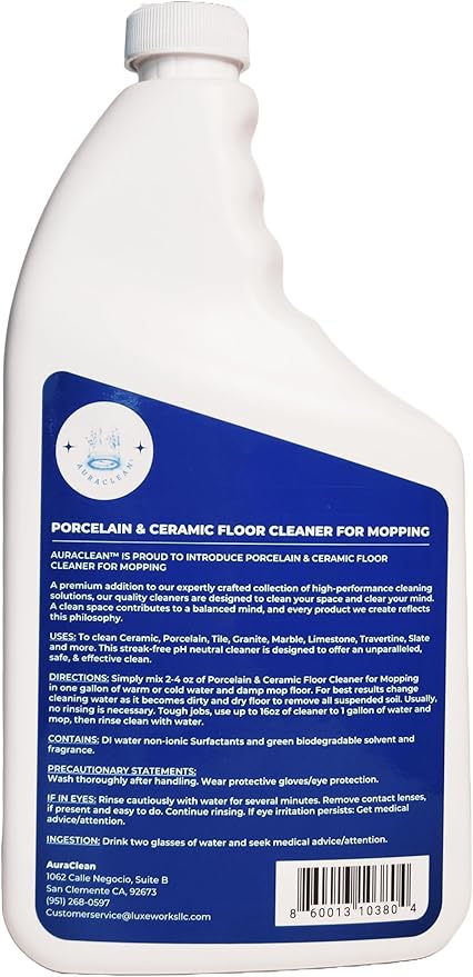 AuraClean Porcelain & Ceramic Tile Floor Cleaner - Mop Soap Concentrate for mopping - Streak-Free Clean, Ph Neutral and non-Toxic - Safe for Marble, Travertine, Limestone - 32 fl oz (1-qt)