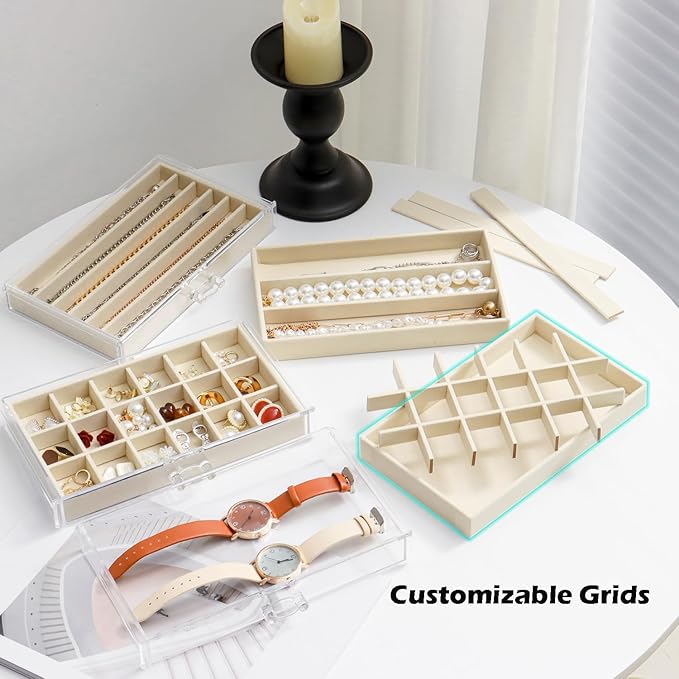 Jewelry Organizer with 5 Drawers Clear Acrylic Earring Display Case Velvet Jewelry Storage Box Display Holder for Earring Ring Bracelet Necklace (Beige, 48 Grids)