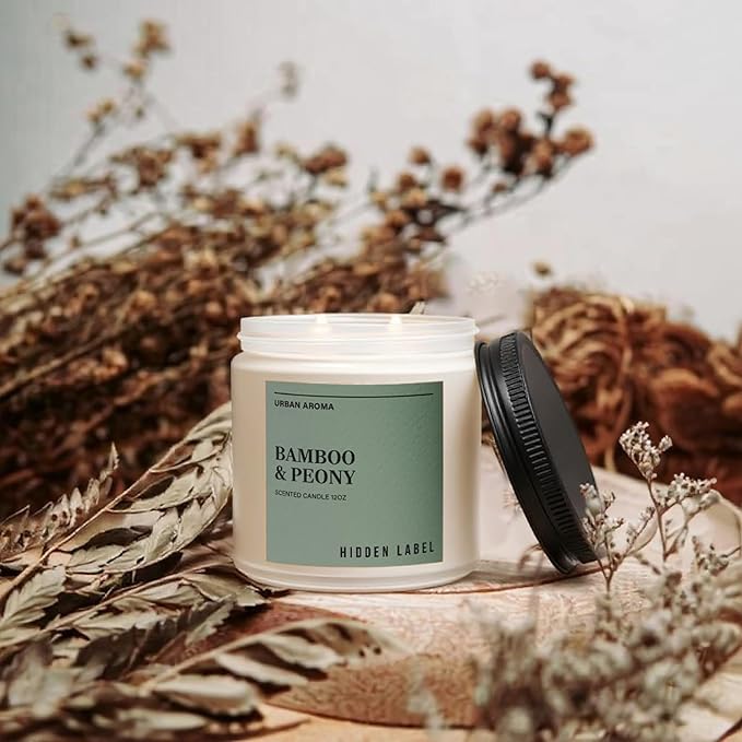 Hidden Label Bamboo Peony Scented Candle, 12oz 2 Wick Natural Soy Non Toxic Candles, Clean Burning Long Lasting Aromatherapy for Home | Gifts | Décor,Premium Scents for Relaxation & Stress Relief