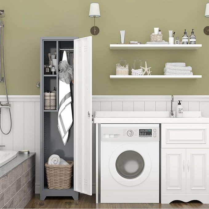 Metal Garage Storage Cabinet,Broom Closet Storage Cabinet,Utility Closet Cabinet for Garage,Office,Gym,Grey-White
