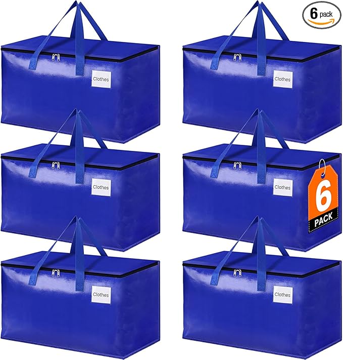 StorageRight Moving Bags-Heavy Duty Moving Boxes, Storage Totes with Zipper, Reinforced Handles and Tag Pocket-Collapsible Moving Supplies for moving, Storage and Travel 93L(Blue-6 Pack)