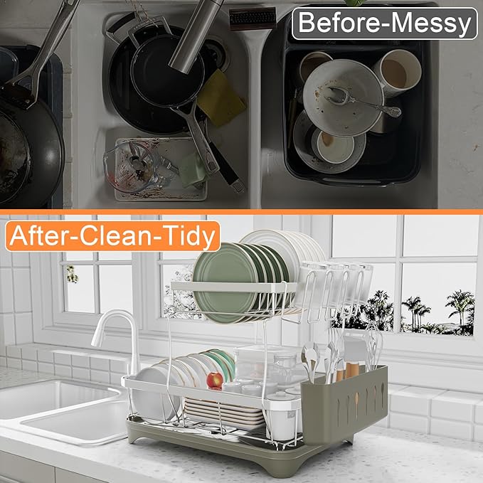 HOMEBOSILY Dish Drying Rack, 2 -Tier 304 Stainless Steel Adjustable Spout Auto-Draining Dish Rack, Space Saving Dish Drainer with Drainboard and Utensil Holder for Kitchen Counter Grey