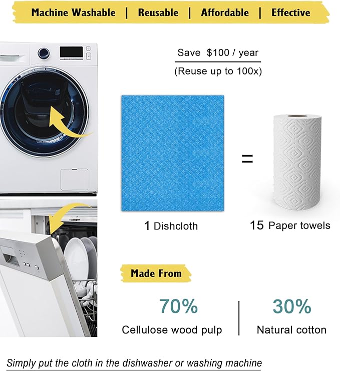 MoLKENE Swedish Dishcloths, Reusable Soft Kitchen Towels, Absorbent Sponge Cleaning Cloths, Washable Quick Drying, 6 Pack, Assorted