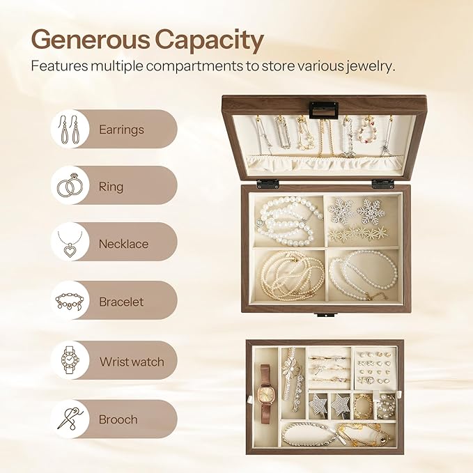 HOOBRO Wooden Jewelry Box for Women Girls, 2-Tier Jewelry Organizer with Removable Tray, Jewelry Storage Case with Clasp, for Necklace, Ring, Bracelet, Watch, Walnut BH29JB04