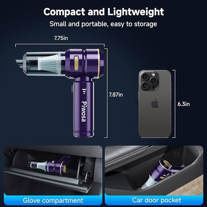 Piwosa Handheld Vacuum Cordless, Car Vacuum Cleaner with High Power Strong Suction, Compressed Air Dusters with LED Light, Mini Portable Hand Vacuum Blower for Home, Pet (Navy)