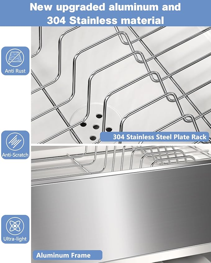 LIONONLY Dish Drying Rack, Thicker Premium Aluminum Frame and 304 Stainless Steel Plate Rack for Kitchen Counter, Automatic Drainage Spout, Dish Drainer & Drainboard Set with Utensil Holder, White
