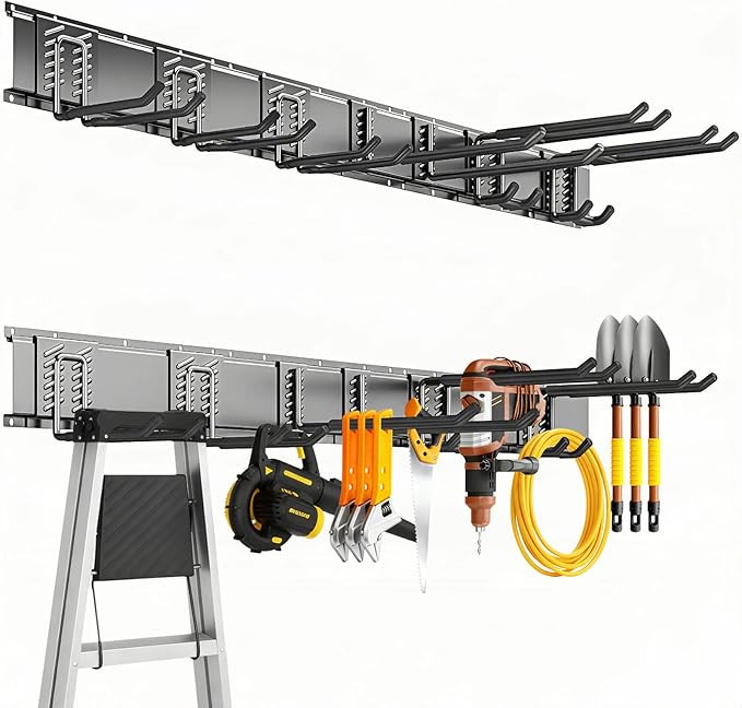 Tebgeag Garage Tool Organizer Wall Mount, 48inch Heavy-Duty Garage Storage System and Garden Tool Organizer with 7 Adjustable Hooks for Shovel, Snowboard, Yard Tools and Shed