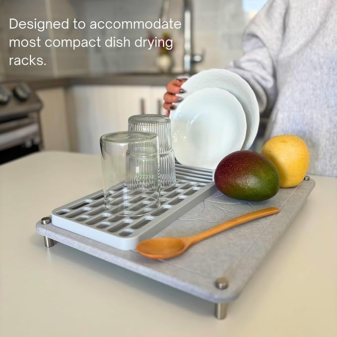 GRUZAM 2 Pcs Stone Dish Drying Mat, 2 Tier Dish Drying Stone for Kitchen Counter with Absorbent Dish Drying Mat, Stone Dish Drying Rack, Flexible Stone drying rack (Sandstone, 15.6" x 11.7" x 6.7")