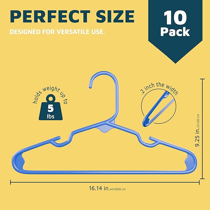 Lifemaster Plastic Kids Clothes Hangers – Children Clothes Hanger with Shoulder Notch, 11.6 Inch Space-Saving Closet Organizer for Baby, Toddler, and Kids Clothing, Hold Up to 5 lbs, Pack of 10, Blue