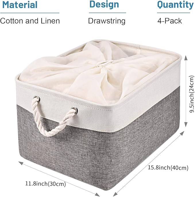 HOdo Home Fabric Storage Bin with Drawstring Closure and 2 Bold Handles, Collapsible Large Canvas Storage Baskets for Organizing Shelf Nursery Home Closet (White&Grey, 15.8L×11.8W×9.5H - 4Pack)