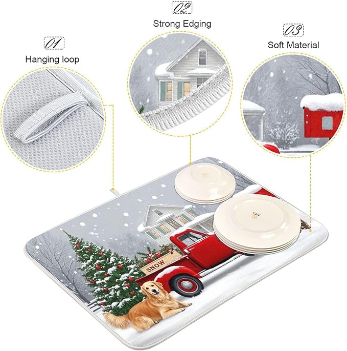 Christmas Tree Truck Dish Drying Mat for Kitchen Countertop 18x24 Winter Snow Poinsettia Golden Retriever Large Drying Mat Reusable Quick Dry Dish Sink Mats Easy Clean Decorative Essentials