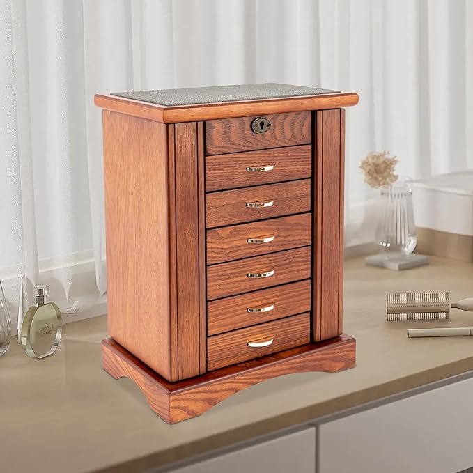 Retro Jewelry Box 7-Tier Large Jewelry Organizer with 6 Drawers and 2 Side Doors Women Girls Storage Case for Necklace Rings Earrings Accessories, with Mirror and Lock,11.1x6.9x14.2in,MDF (Brown)