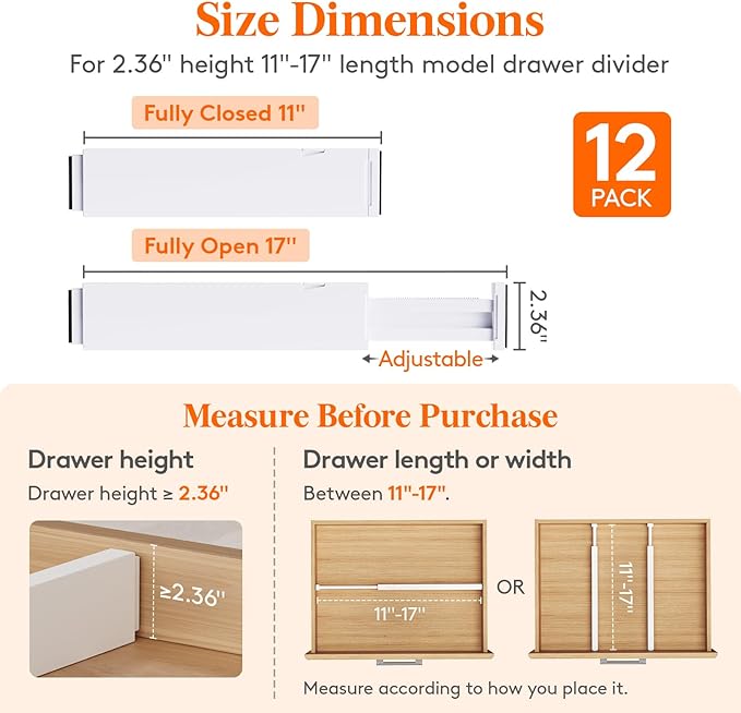 Lifewit 12 Pack Kitchen Drawer Dividers 2.36" High, 11"-17" Adjustable Drawer Organizer for Utensils/Clothes/Makeup, Plastic Expandable Separators in Dresser/Bedroom/Bathroom/Office Storage