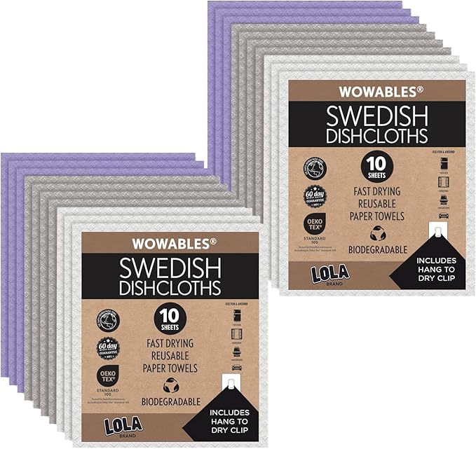 LOLA Swedish Dishcloths for Kitchen 20 Sheets, Biodegradable & Compostable Reusable Paper Towel Cleaning Cloths Zero Waste No Odor Washing Dishes Ultra Absorbent Cellulose Sponge Towel Made in Germany