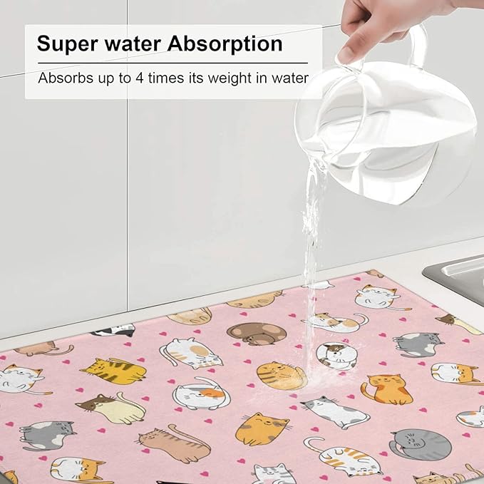 Cute Cat Dish Drying Mat for Kitchen Counter Cute Pink Kitchen Mat Microfiber Kitchen Countertop Absorbent Reversible Drainer Rack Pad Dish Drying Mat 18 x 24 Inch