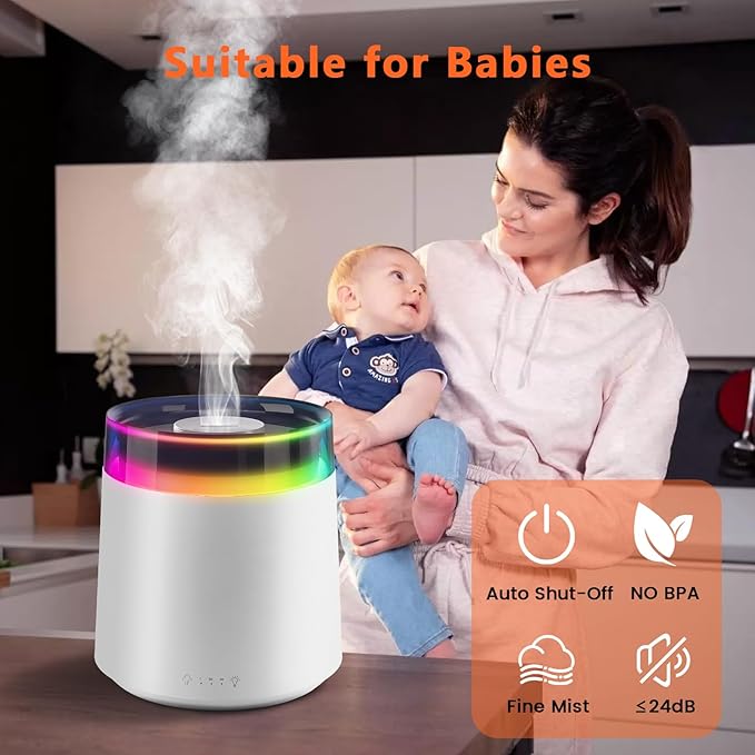 Humidifiers for Bedroom Home,3L Top Fill Cool Mist Humidifier for Baby Nursery,Essential Oil Diffuser for Large Room,3 in 1 uiet Ultrasonic Humidifier for,Office,Plant,Nursery,BPA FREE (White)