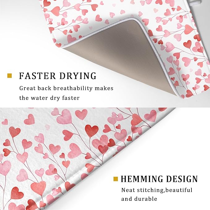 Valentines Day Dish Drying Mat for Kitchen Counter 24x18 Inch Love Drying Mat with Absorbent Reversible Microfiber Pink Heart Dish Drainer Mats Rack Pad for Coffee Countertop Protector