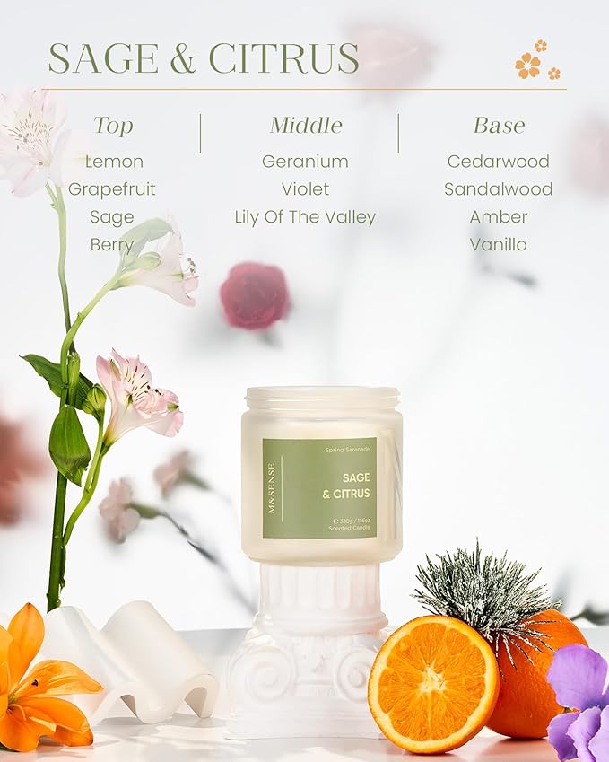 M&SENSE Sage Citrus Scented Candle, 70 Hour Burn Time 2 Wick 11.6oz Natural Soy Non Toxic Aromatherapy Candle for Home Decor Birthday Gifts Easter Supplies