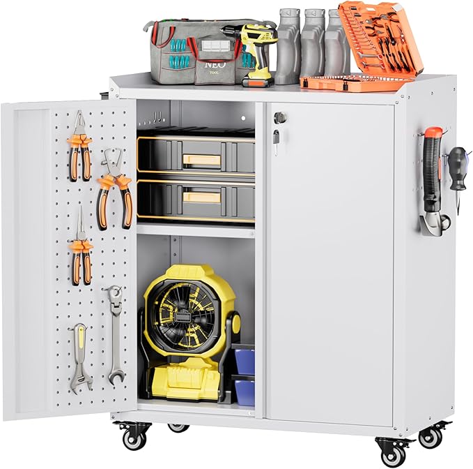 Garage Storage Cabinet with Wheels,Lockable Metal Storage Cabinet on Wheels, Pegboard for Garage Home Warehouse, Assembly Required, White,13.8 "D x 26" W x 34.3" H