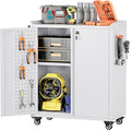 Garage Storage Cabinet with Wheels,Lockable Metal Storage Cabinet on Wheels, Pegboard for Garage Home Warehouse, Assembly Required, White,13.8 "D x 26" W x 34.3" H