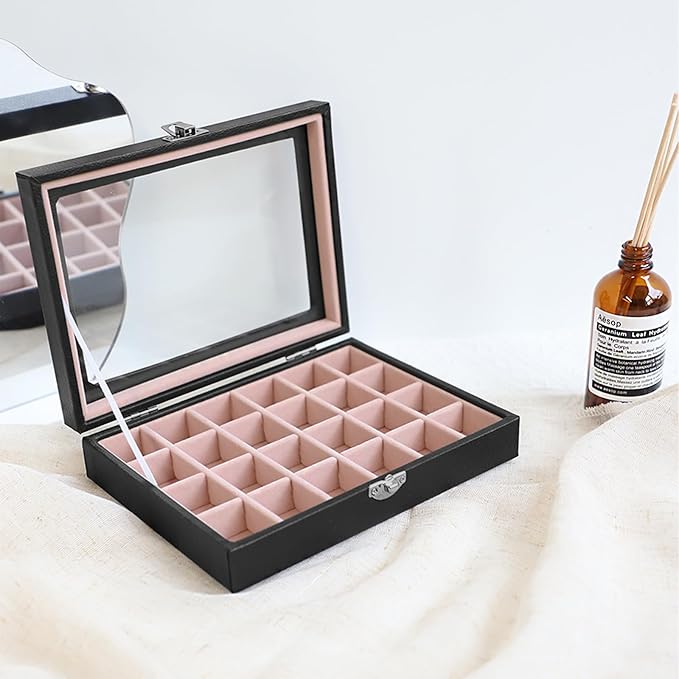 Wudygirl Small Jewelry Box 24 Grid Jewelry Organizer Velvet Jewelry Tray with Clear Lid Earring Holder Organizer Ring Holder Ring Display for Women Jewelry Display Case Drawer Inserts (Pink)