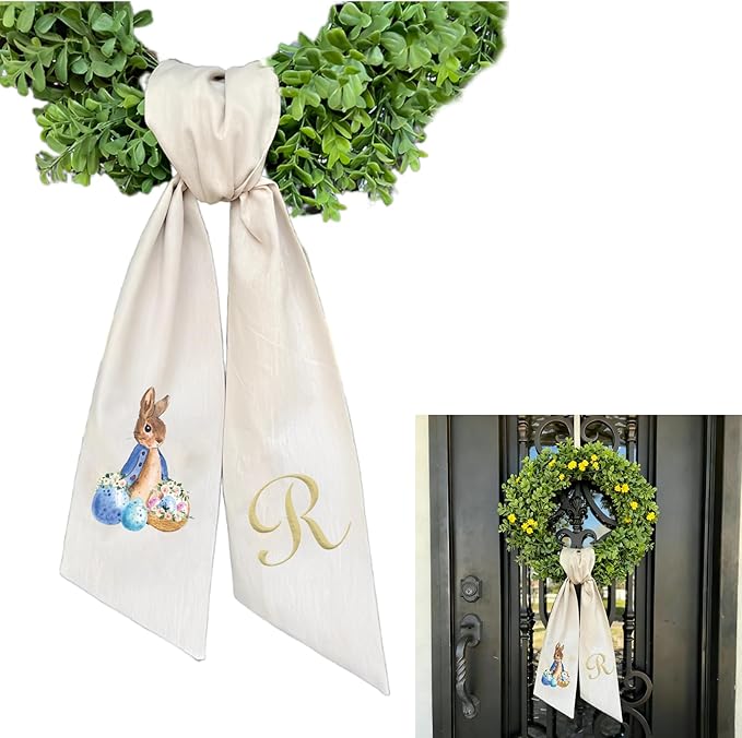 Rabbit Easter Wreath Bow Custom Embroidered Monogram Spring Bunny Wreath Sash for Front Door Hand Tailored Easter Decorations Spring Bows for Wreaths (R)