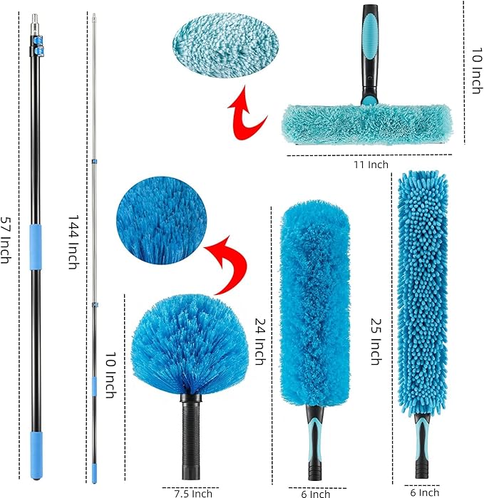 Hicavar 20 Foot High Ceiling Fan Duster with 5-12 Foot Extension Pole, Extendable Reusable Cobweb, Feather, Window Cleaning Squeegee Kit Blue