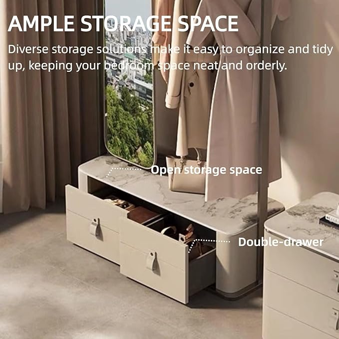 Free-Standing Clothes Rack 43IN (2 Drawers) (Metal Hanging Rod Hook) Full-Length Mirror, Beige Dress Up Closet Organizer
